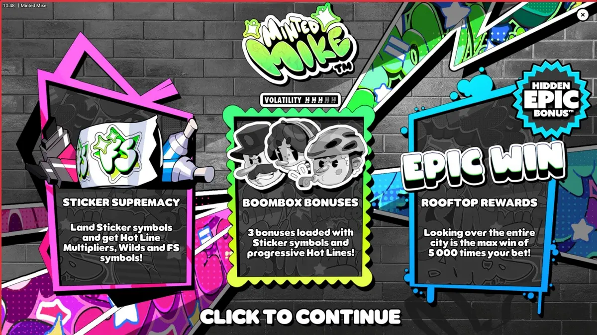 Tampilan visual slot Minted Mike dengan estetika grafiti neon