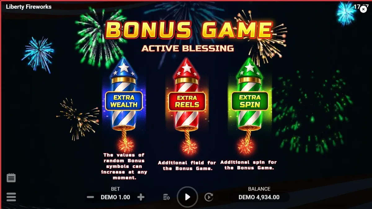 Tampilan visual slot Liberty Fireworks 3 Pots dengan tema perayaan kembang api