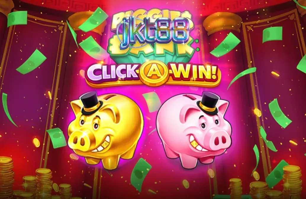 Piggies and the Bank: Click-A-Win slot game interface featuring a wealthy pig in a top hat.